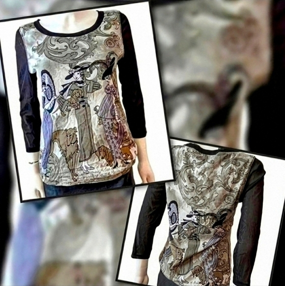 All Over MGM Print 3/4 Sleeve Sheer Arm Mesh. Longsleeve Dames & Dogs. L - Picture 1 of 7